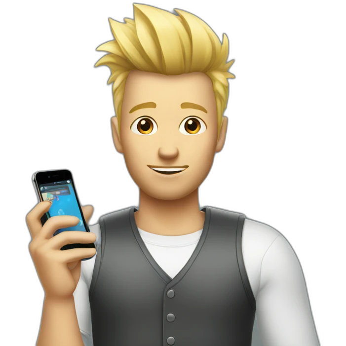 man with blonde faux hawk holding iphone emoji