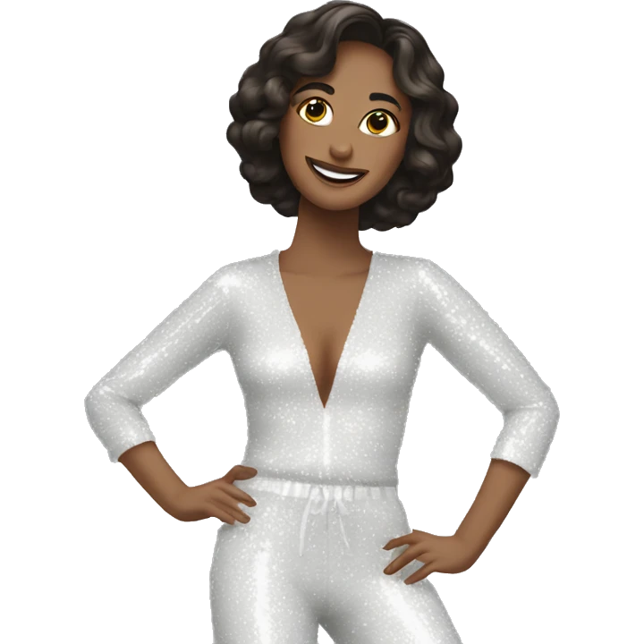 White brunette in sequin jumpsuit dancing emoji