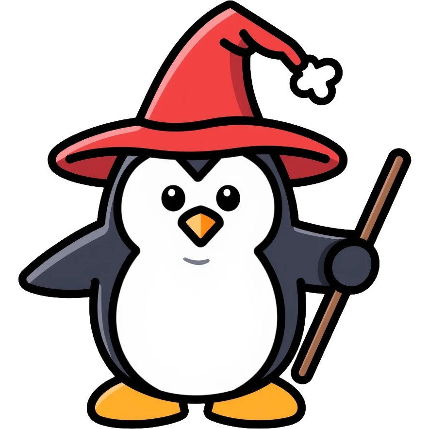 wizard penguin wearing a pointy wizard hat and holding a magic wand emoji