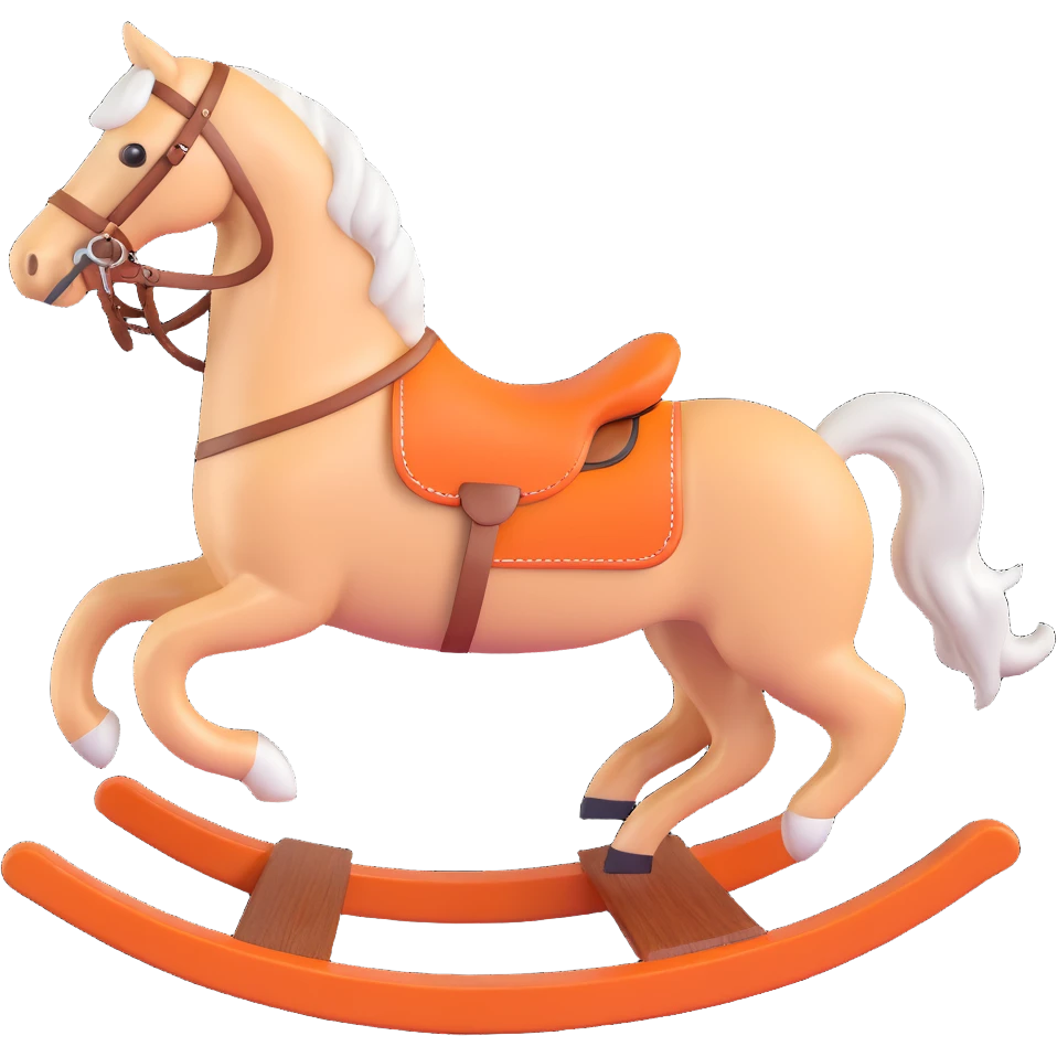 rocking horse, 3D, antique, medium wood, Hermès orange bridle, classic, no text emoji