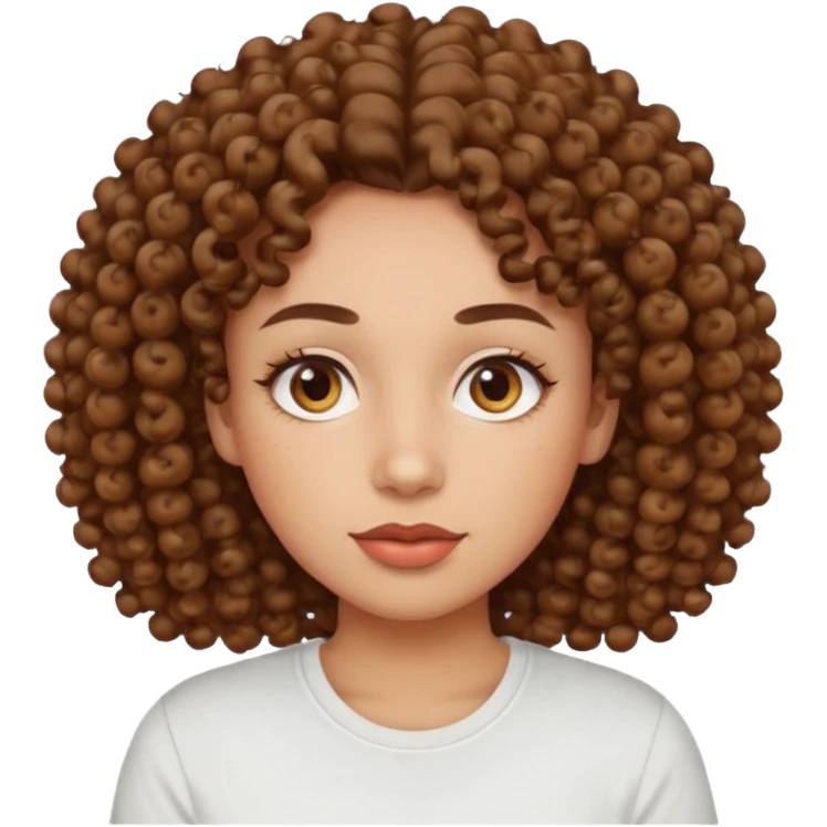 
professional, curly brown lady with hazel eyes, a little dot on the top of the left lip, a normal t shirst emoji