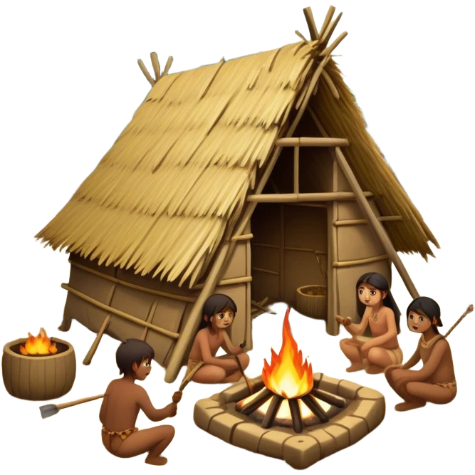 Primitive tribe building a settlement. Huts made of wood and straw, people using basic tools, fire pits, and a dense forest surrounding them emoji