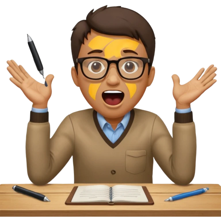 man at table, mouth open shouting, leaning in, hands on table, working emoji