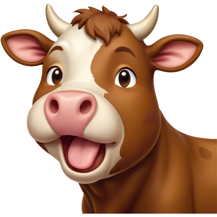 Cinematic Cute Yawning Brown Cow Portrait Emoji, Head tilted slightly with a dramatic, wide-open yawn, showcasing a smooth, rich brown hide with a subtle shine, floppy ears slightly drooping, round brown eyes barely open in drowsy contentment, Simplified yet irresistibly adorable features, highly detailed, glowing with a soft, cozy glow, high shine, relaxed yet expressive, stylized with a touch of pastoral whimsy, bright and endearing, soft glowing outline, capturing the essence of a sleepy yet affectionate cow, so drowsy it feels like it could amble right out of the screen and curl up for a nap! emoji