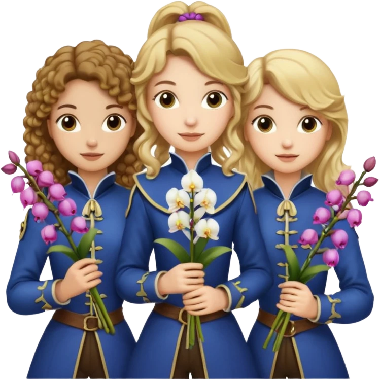 3 female musketeers, oneceith brown curly hair, one with straight blond hair, one eith blond hair on pony tail, all holding orchids emoji