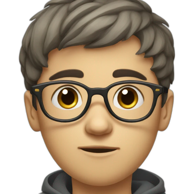 Russian boy in glasses with short dark bangs wearing glasses and a stupid look emoji