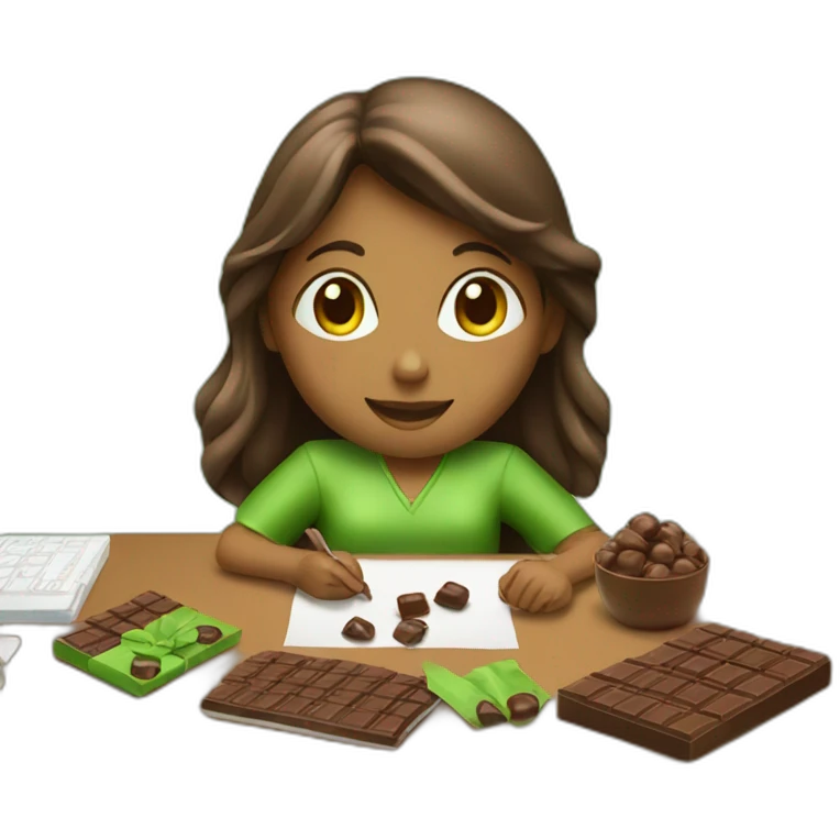 Girl with sitting at a desk wrapping chocolate candies with solid green background emoji