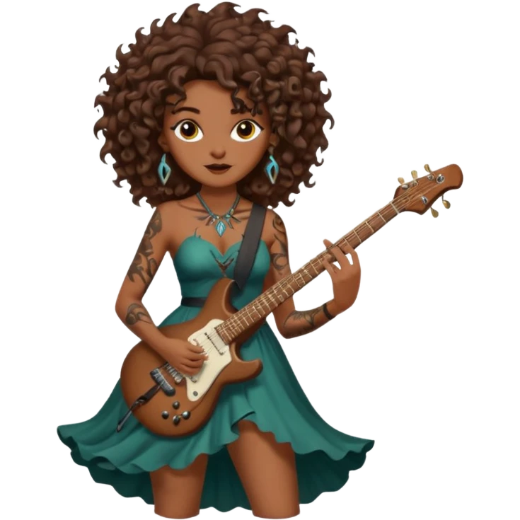 Brown eyes, brown hair curly forest witch playing electric guitar sexual with tattoos emoji
