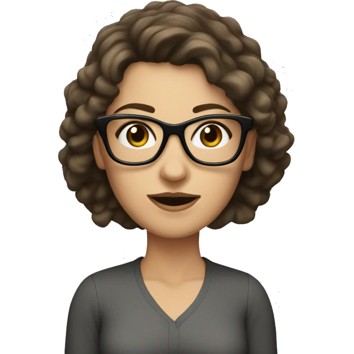 white woman with short, dark, poofy brown hair and black glasses emoji