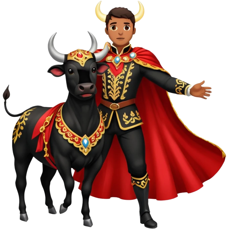 Create a realistic image of a traditional bullfighting scene in a Spanish arena.
Show a bullfighter (matador) HOLDING a red cape (muleta) not wearing one. as a powerful black bull charges toward it. NOT riding the bull. emoji