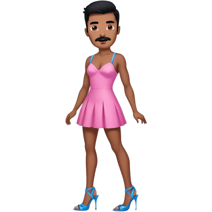 Man in a pink mini dress and blue strappy high heels with black hair and black mustache and brown skin emoji