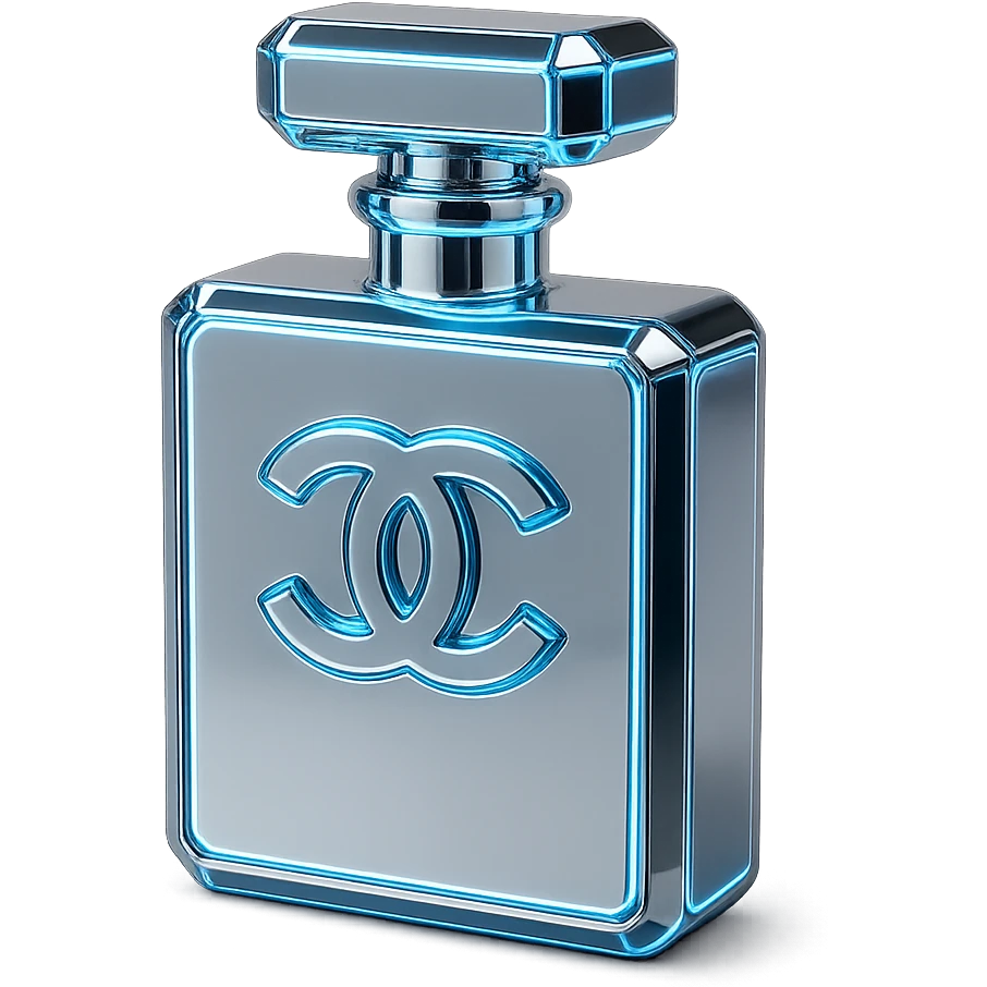 Chanel perfume bottle in a futuristic style, chrome and neon accents, glowing details emoji