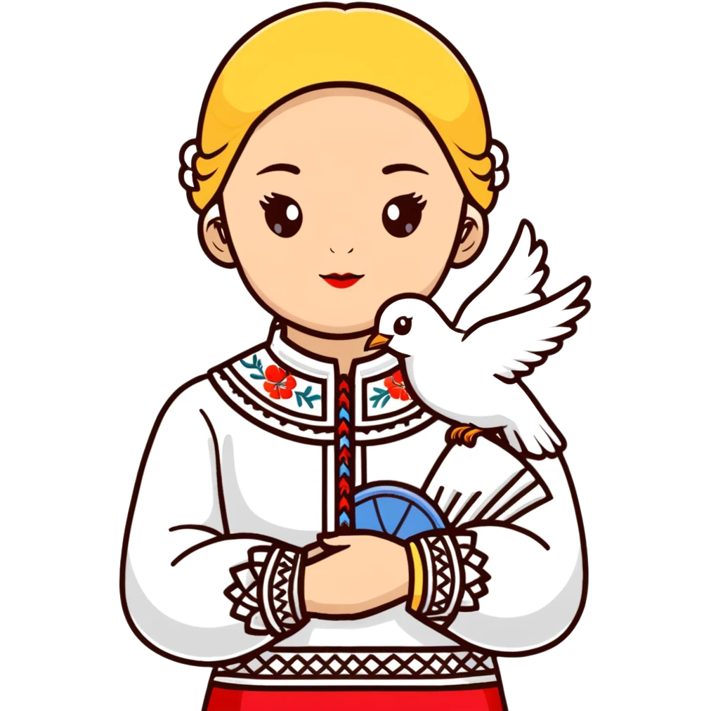 Ukrainian girl wearing a traditional embroidered vyshyvanka shirt with a white dove of peace next to her emoji