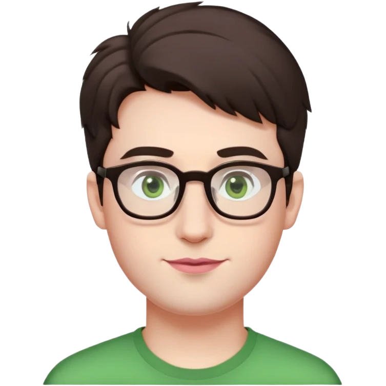Young man with short but voluminous poofy dark brown hair, green eyes wearing glasses, wide face with eyes set apart, bigger ears, very pale skin, slightly bigger nose, fuller darker pink lips with a smile, and very light stubble emoji
