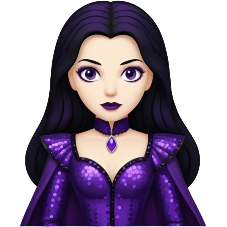 Countess Dracula from Universal Monsters with long jet black hair, dark purple sequin outfit  emoji