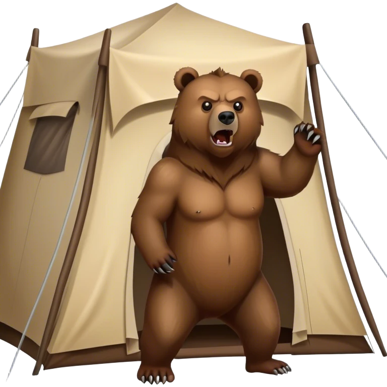 an angry grizzly bear outside of a tent looking at the tent emoji