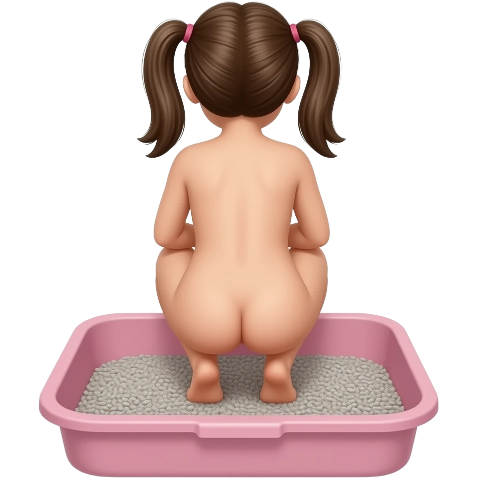back view of a nude 10yo girl squatting and defecating in a pink human sized litterbox filled with grey kitty litter emoji