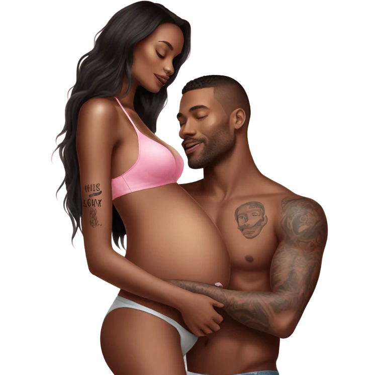 Photo of a Victoria secret model pregnant with a tattooed male model with his hand on her stomach  emoji