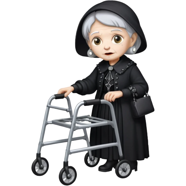 Old lady dressed like goth with a walker emoji