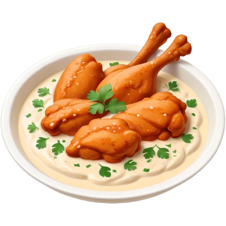 Butter Chicken Cinematic Realistic Butter Chicken Dish Emoji, depicted as tender chicken pieces sliced up and bathed in a creamy white sauce garnished with fresh cilantro, rendered with rich textures and vibrant, appetizing lighting. emoji
