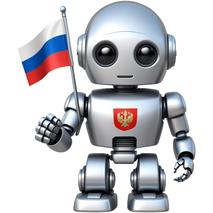 Futuristic Putin-like robot holding a small Russian flag emoji