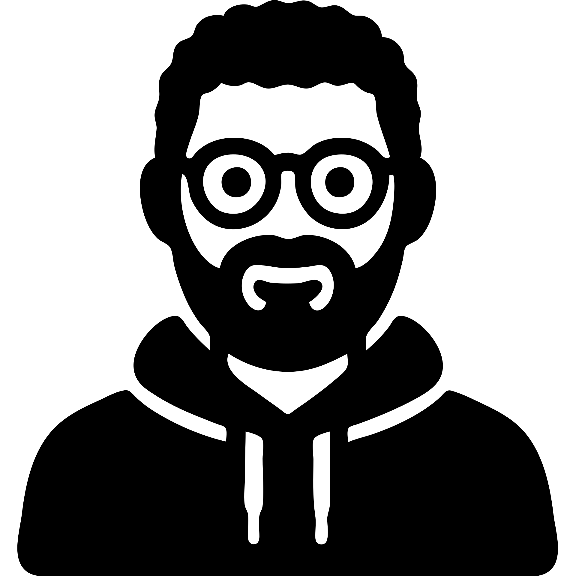Make the icon look like the person in the reference photo: round glasses, short curly dark hair, full dark beard, olive hoodie, friendly expression in solid black icon style. Keep transparent background. emoji