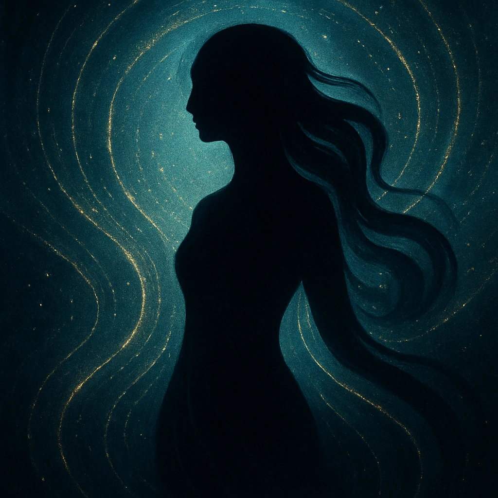 silhouette of a figure with flowing curves, radiating stillness and mystery, surrounded by shimmering energy emoji