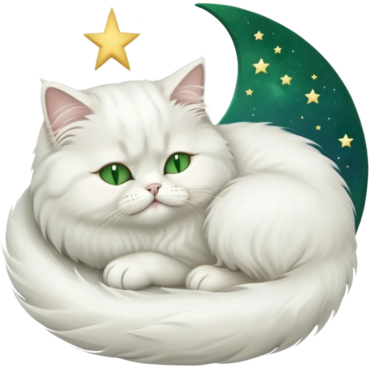 White Persian cat with green eyes sleeping on crescent moon  emoji