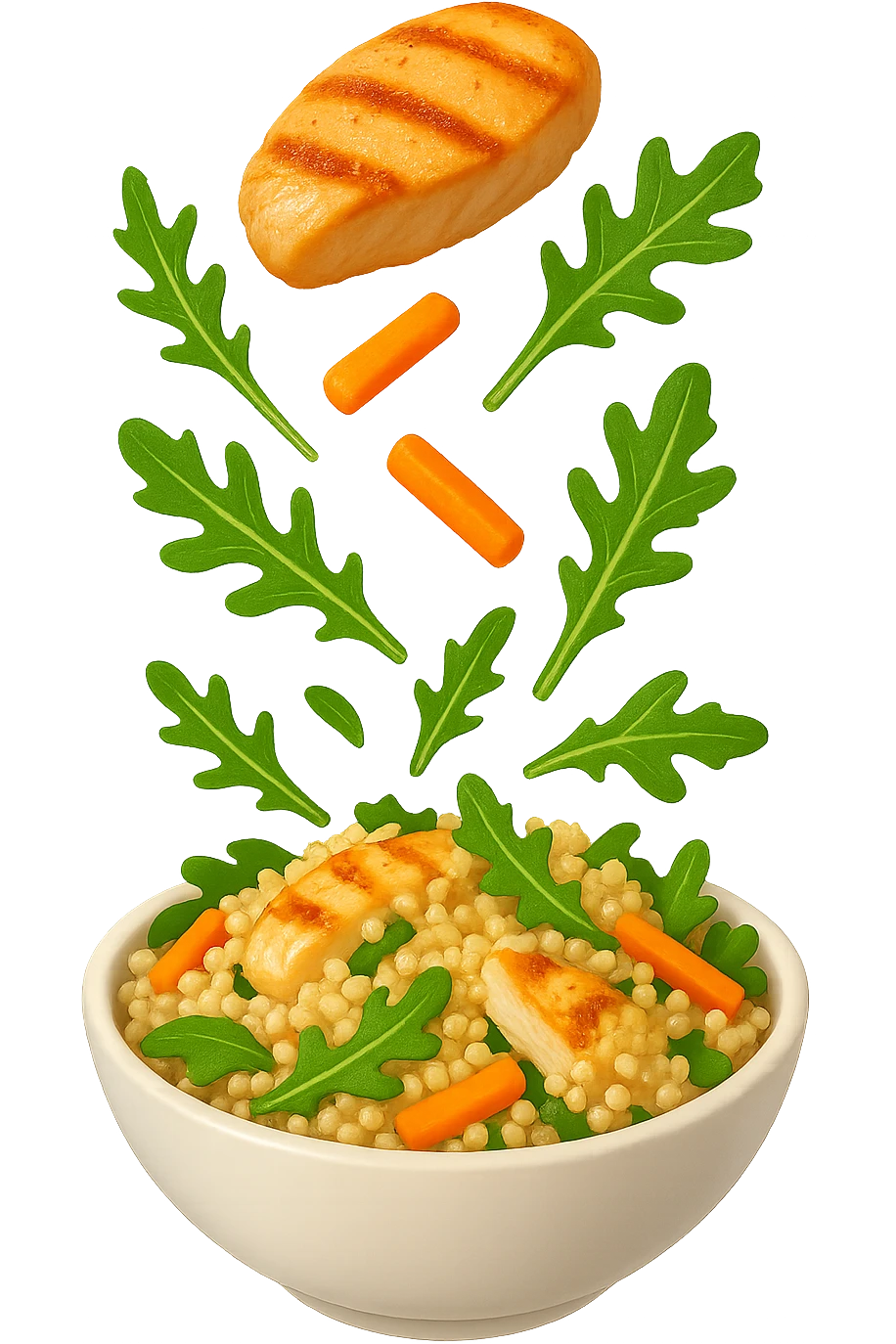 EMOJI STILE IPHONE DI Insalata di quinoa e pollo con rucola e carote che cade verticalmente dall'alto, iperrealistica 4k emoji