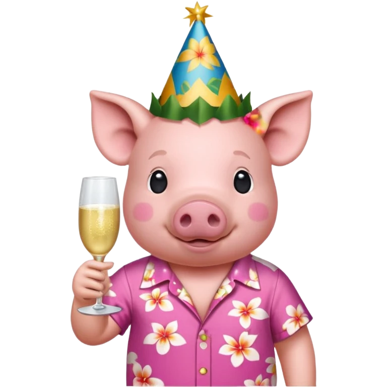 Pig with aloha shirt, birthday hat, champagne glass emoji