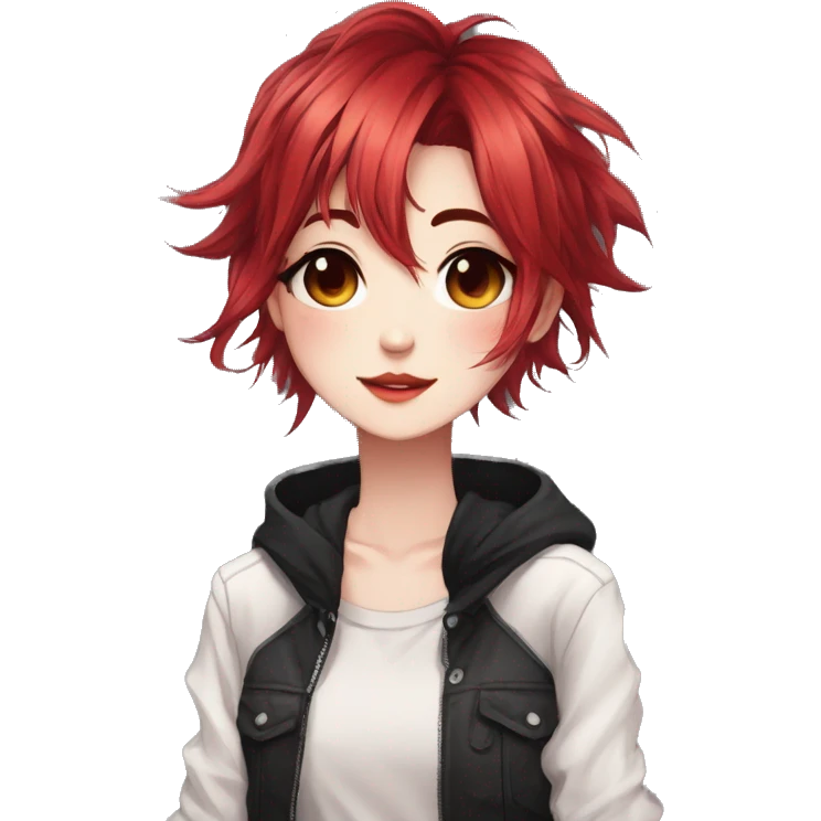 Gorgeous anime style tomboy with blushing face aesthetic and pretty edgy black red punk hair with hair garment trending style emoji