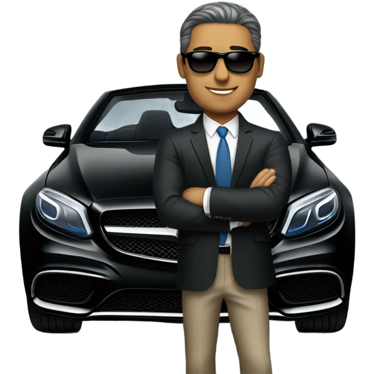 Latino Businessman with sunglasses standing in front of black Mercedes convertible emoji