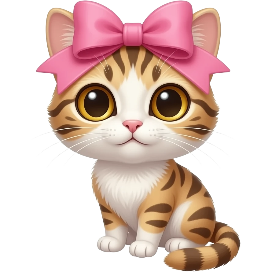 Um gato pequeno malhado com os olhos cor de mel e um lacinho gigante rosa na cabeça do gato emoji