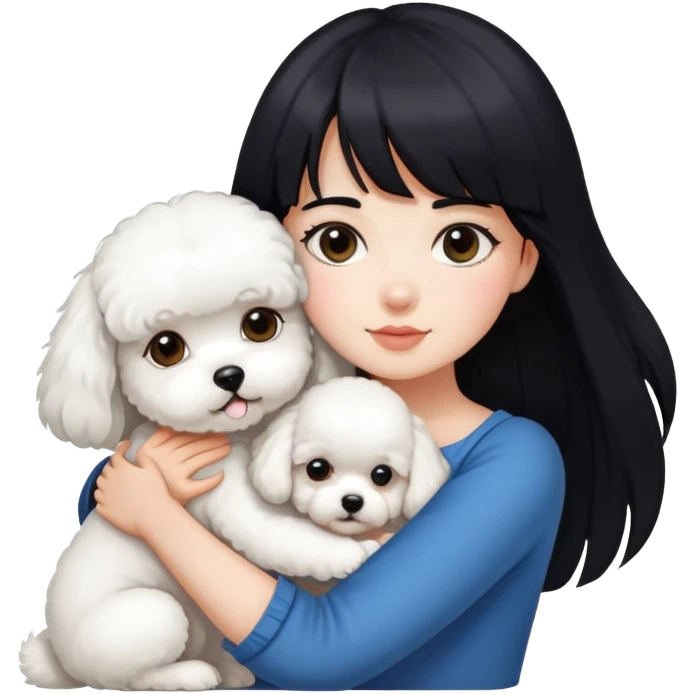 A beautiful girl with long black hair and bangs hugs a super small Bichon Frise emoji