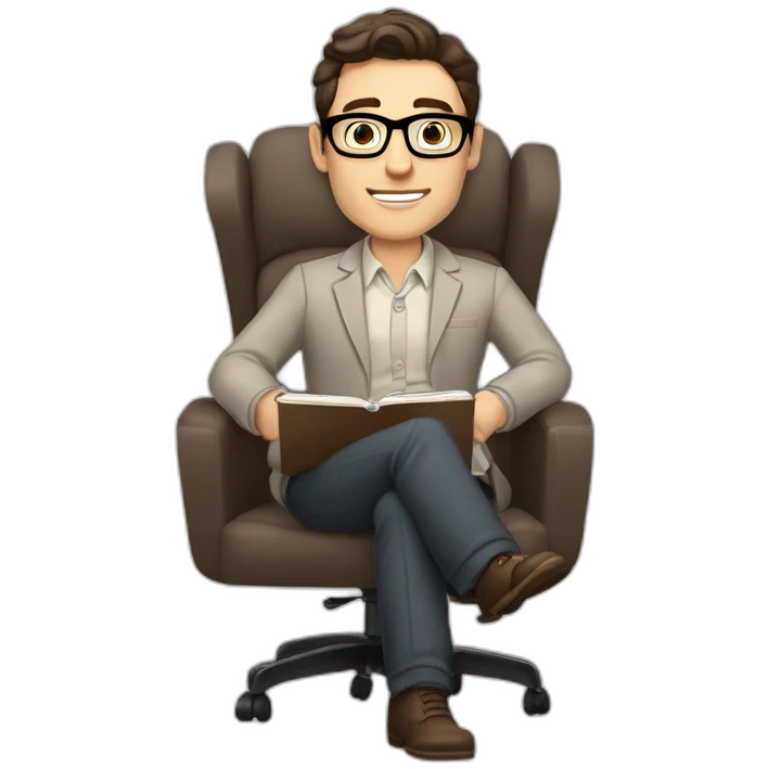 Pale skinned Fit Man With dark brown hair in gray jacket, beige office shirt and vintage glasses sitting In a soft chair with a notebook with emblem Ψ and a pen in his hands emoji