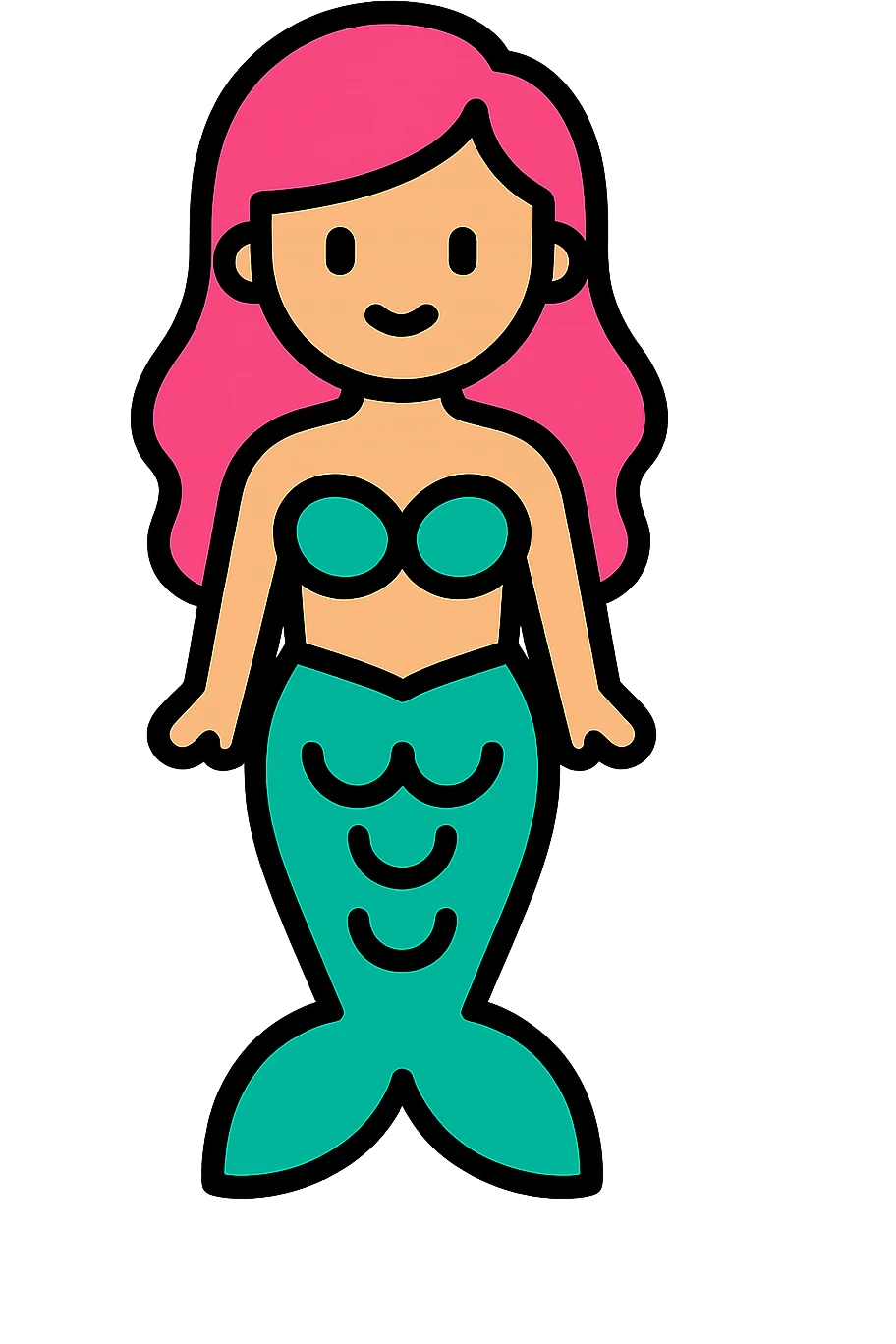 full length mermaid with pink hair, blue eyes, turquoise green tail, minimal detail, lineal color icon style emoji