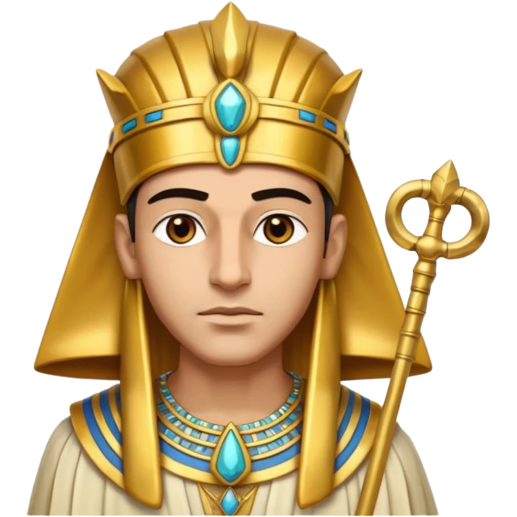 A regal pharaoh with golden headdress, calm stern eyes, and holding a crook and flail with authority.
 emoji