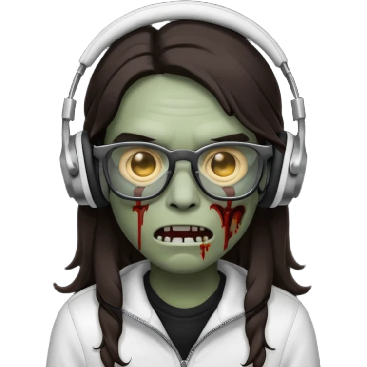 Zombie emoji with a split middle long dark brown hair part style with black glasses and white wired headphones emoji
