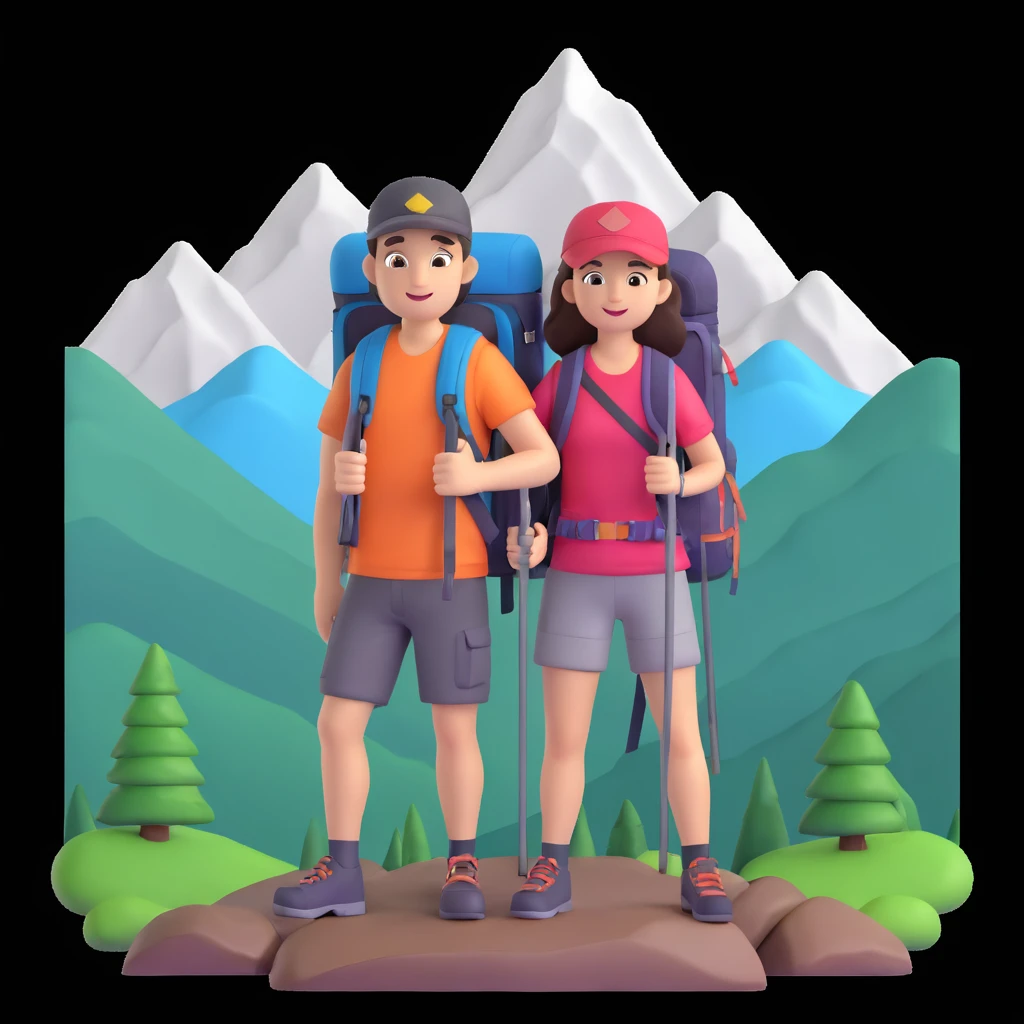 back packer couple posing, mountains in background,   close up pose emoji