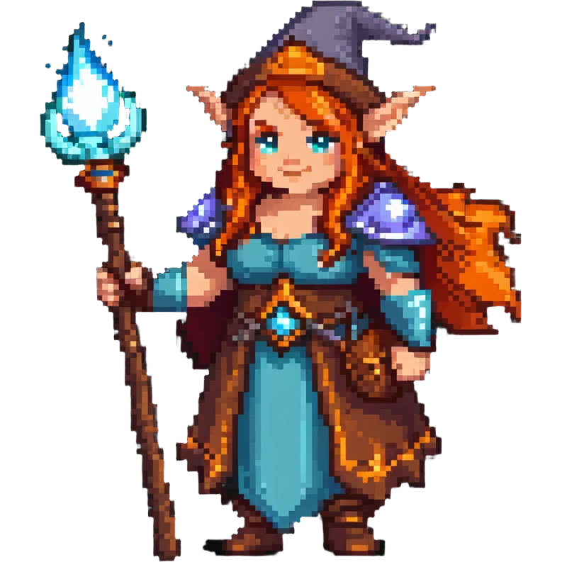 female dwarf sorcerer from DnD, fantasy outfit, holding a magical staff emoji