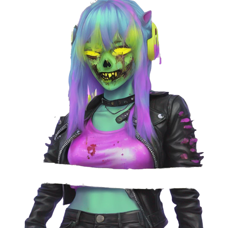 .Zombie_ wearing punk clothes Vaporwave black holographic oilslick zombie unicorn yellow caution tape emoji
