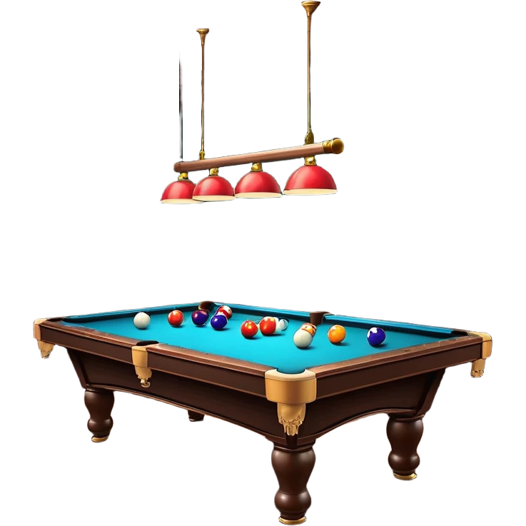 A well-arranged pool table with colorful billiard balls neatly placed, and a cue stick poised to take a shot. The setting is a dimly lit room with a focused atmosphere, highlighting the precision and strategy involved in the game of billiards. emoji