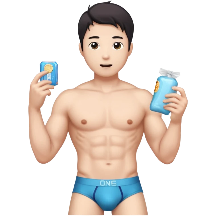 Male shirtless white skin Asian korean six pack sexy big dih lean full body without pants hold condom and jerking off with a little bit hair upper underwear  emoji