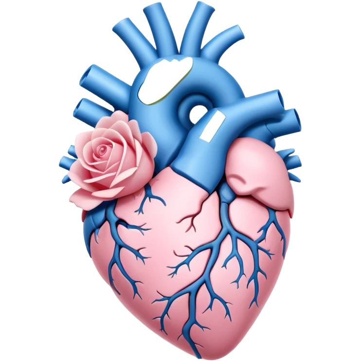 White and sky blue Anatomical heart with light pink rose without leaves  emoji