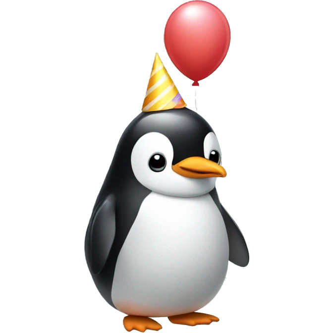 Penguin wearing a birthday hat holding a balloon emoji