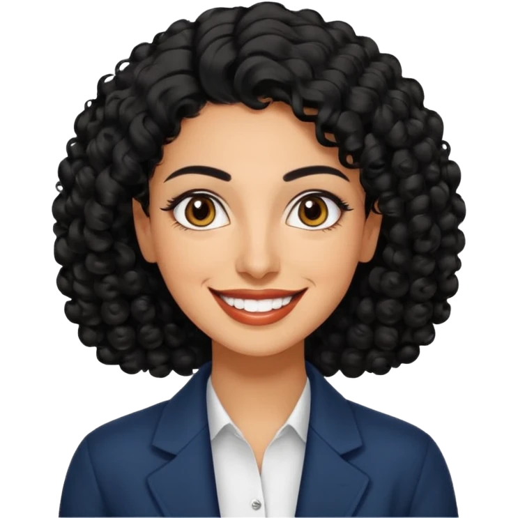 30 year old iranian woman very short curly black hair, big brown eyes, tanned skin, big smile, white teeth, pretty, stylish, shorter hair, man length hair emoji