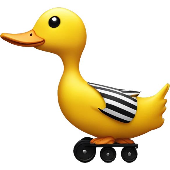 Big Yellow Duck with vertical black stripes on wooden wheels like from the book janosh. Point of view from the side 90 degrees emoji