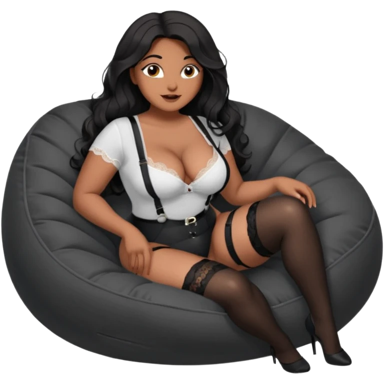 Curvy woman with brown skin with long wavy black hair, dark brown eyes. She's wearing a tight white shirt showing cleavage, black lace thong, black stockings and suspender belt, she's sat on a big dark grey bean bag chair, she has both her legs wide open emoji