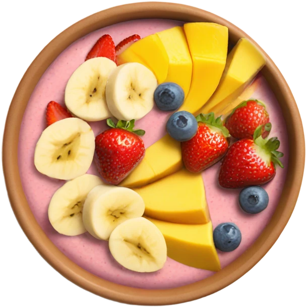 Smoothie bowl topped with strawberries, banana and mango emoji