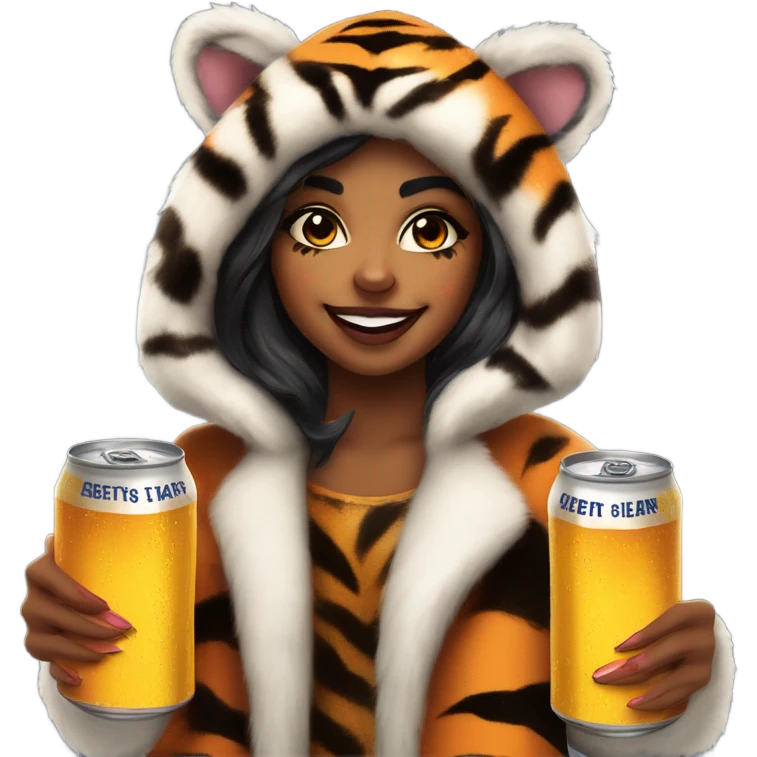 Girl dressed as the tiger king drinking a beer emoji
